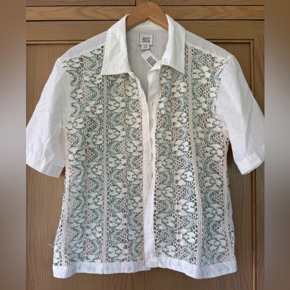 NWOT BDG Urban Outfitters Cream Green Crochet Lace Short Sleeve Button Down / sm - Picture 5 of 11